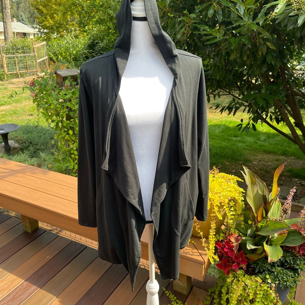 J Jill,Pure Jill,Black, Hooded Cardigan, Waterfall Front Cotton Knit W/Pockets L